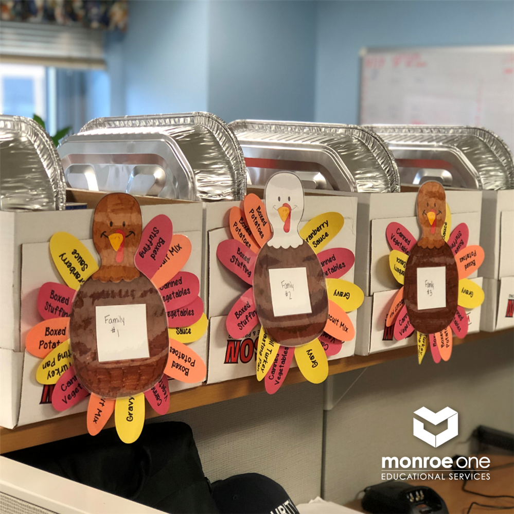  boxes of food with paper turkeys on the outside